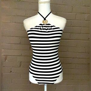 Michael Kors navy & white striped one piece swimsuit 10  NWOT